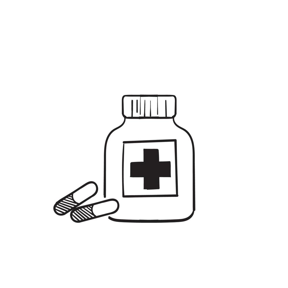 hand drawn Medicine bottle and pills. Black and white icon. Vector