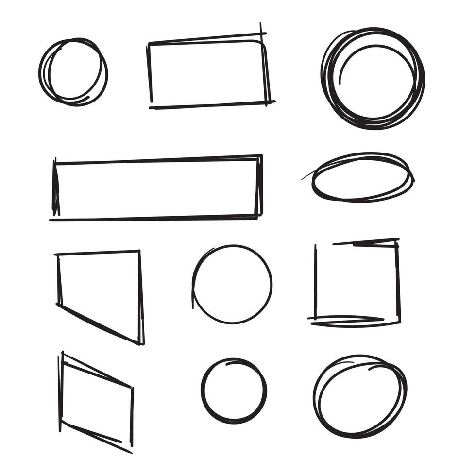 hand drawn circle and square frame collection illustration with doodle style vector isolated