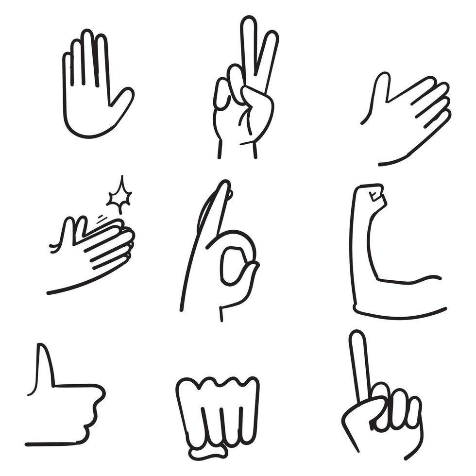 doodle All Hand Emojis Gestures Vector Icons Set. Biceps, fist, folded hands, victory hand emojis. Emoticon Gesture Illustrations cartoon style