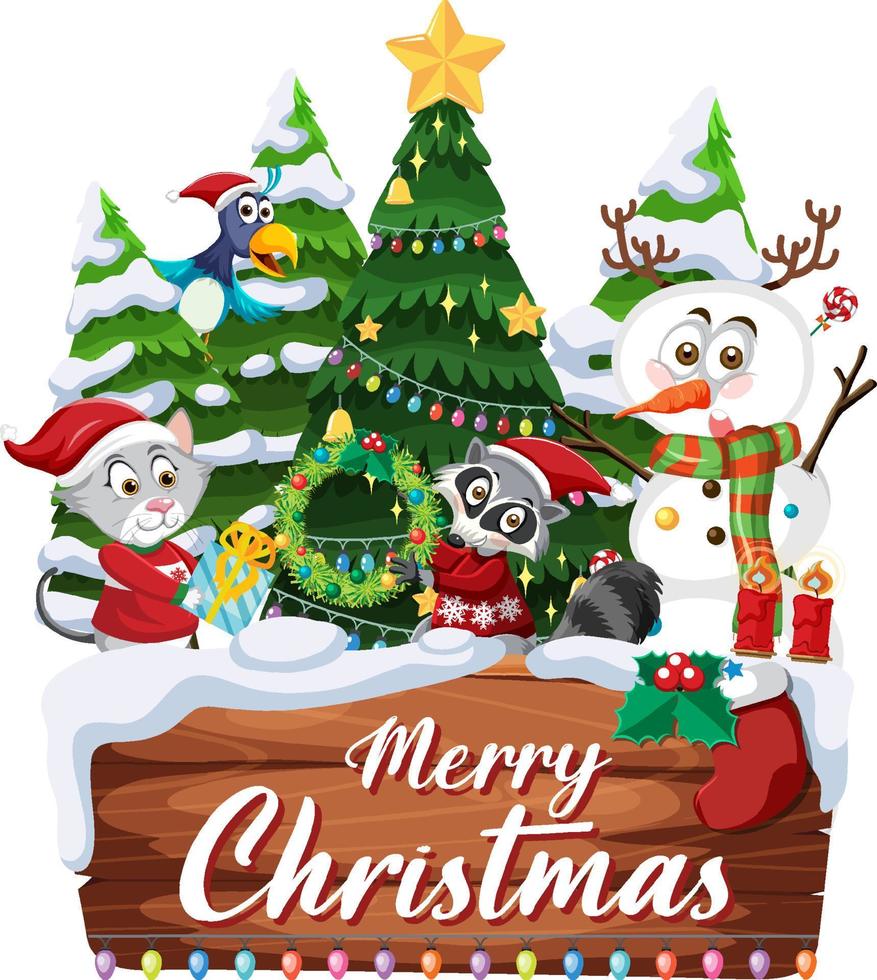 Merry Christmas banner with Snowman and animals cartoon character vector