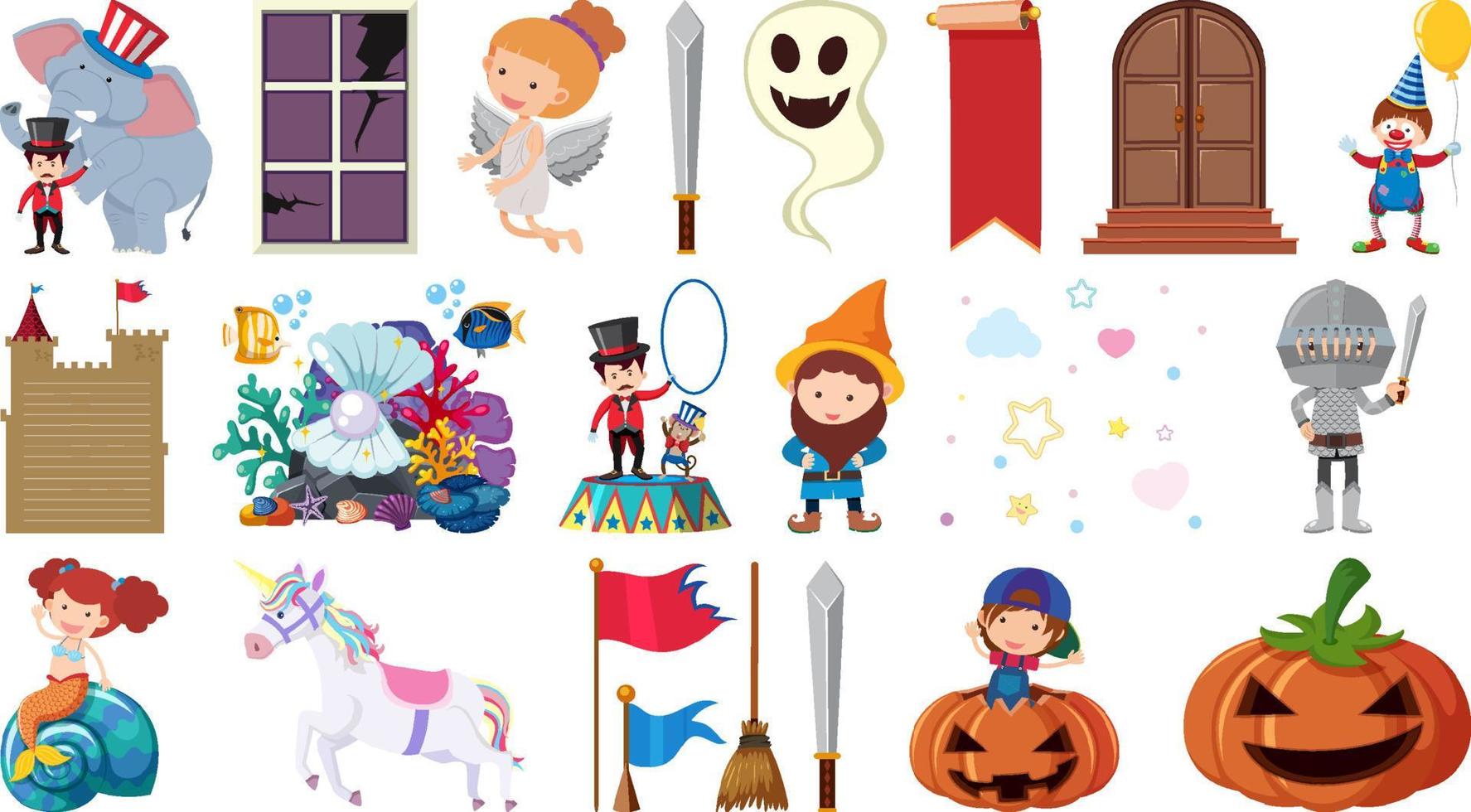 Set of isolated fairytale cartoon characters and objects vector