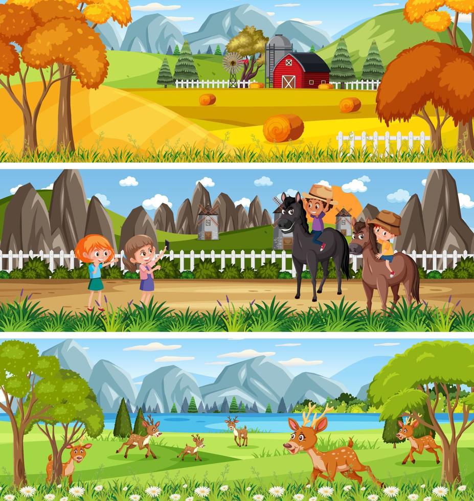 conjunto de diferentes paisajes naturales en la escena diurna con personaje de dibujos animados vector