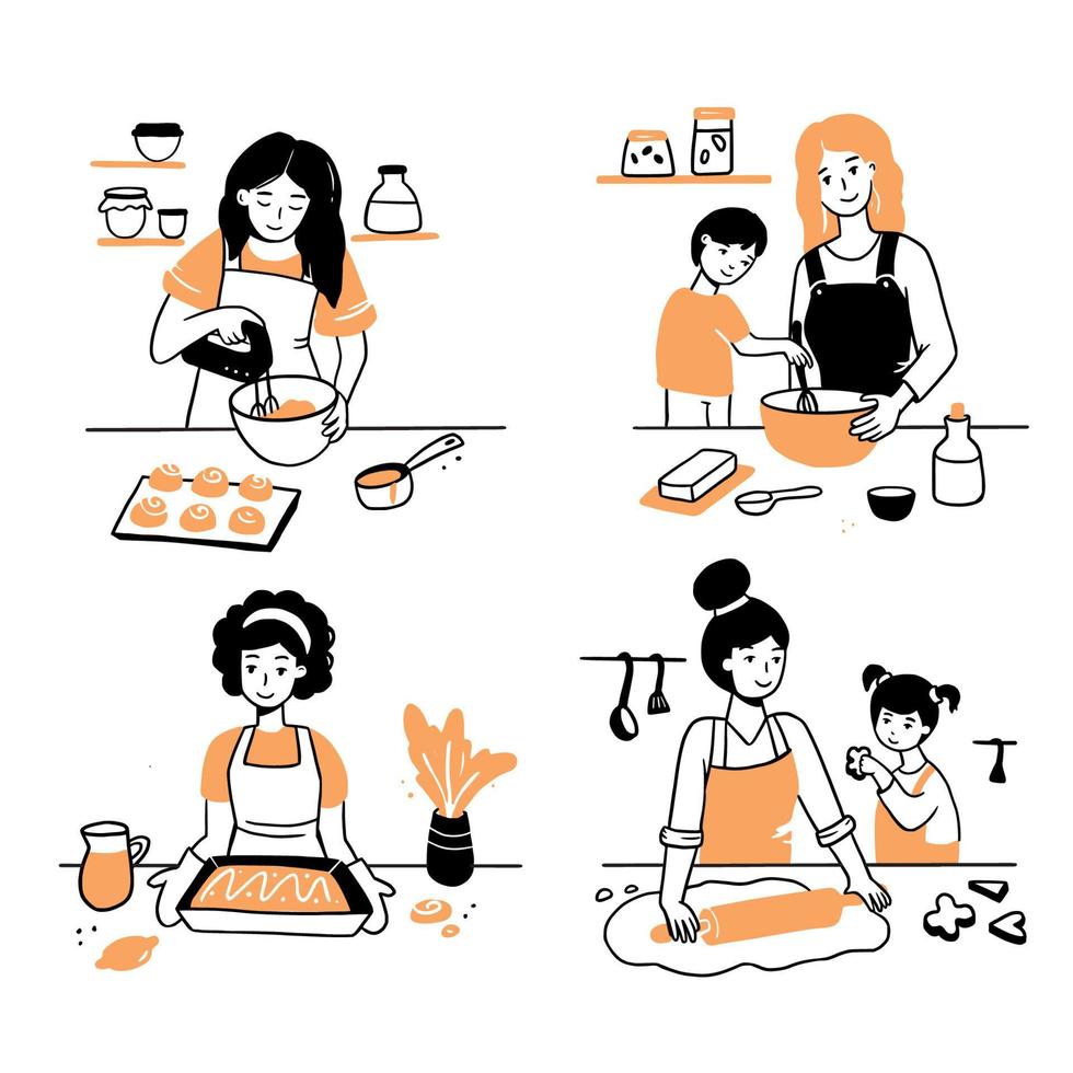 dibujado a mano conjunto de personas cocinando vector