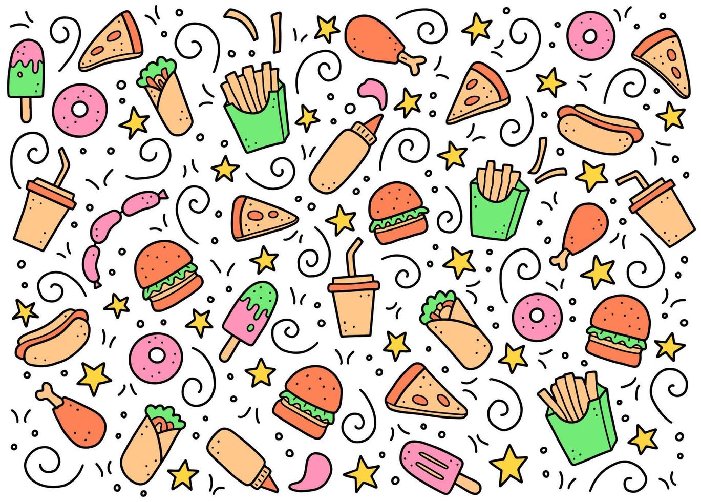 Set of hand drawn fast food doodle. Vector illustration.