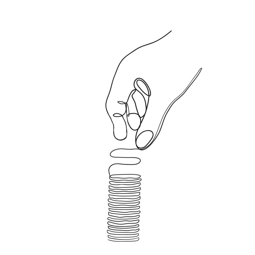 Las manos del doodle dibujadas a mano ponen la ilustración de las monedas en el vector del estilo del arte de línea continua aislado