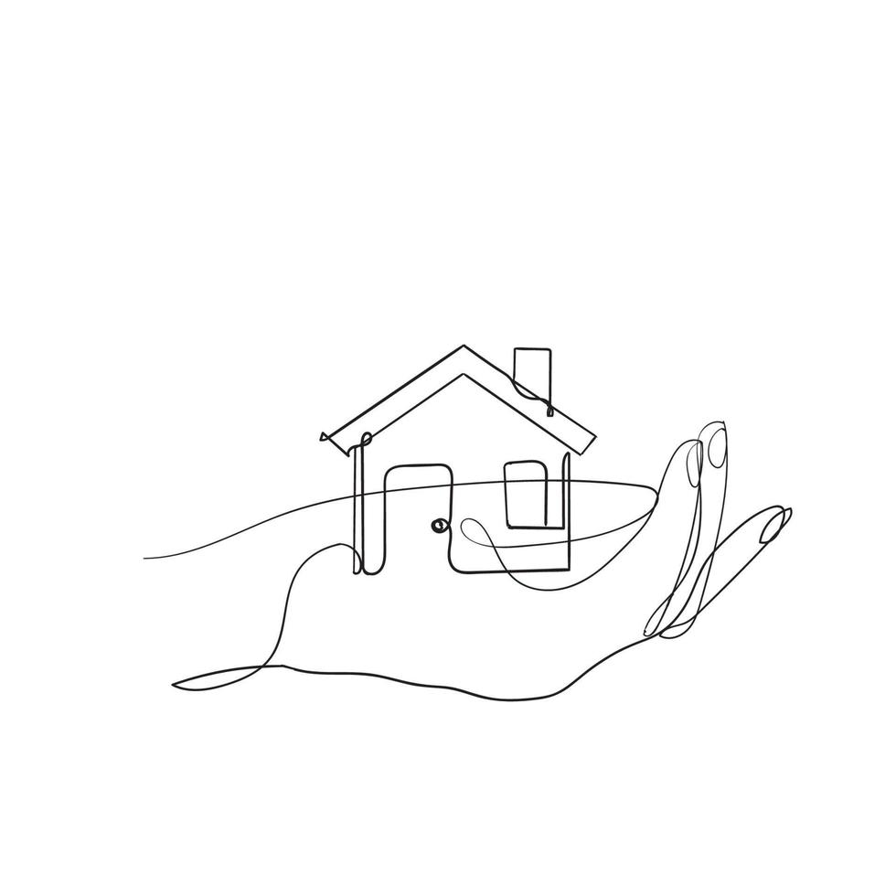 hand drawn hand holding house illustration in continuous line art style vector isolated