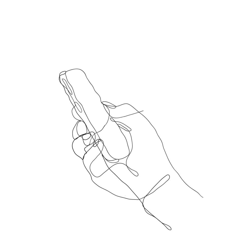 hand holding and using smartphone illustration in continuous line drawing vector