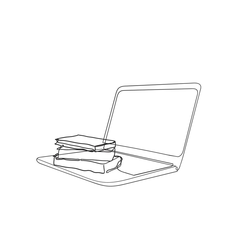 hand drawn doodle laptop and book illustration in continuous line drawing vector isolated