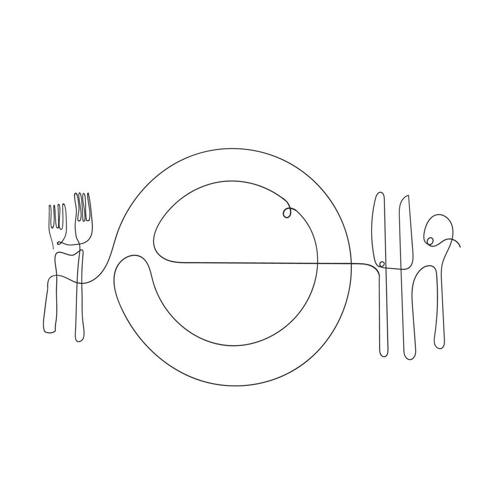 hand drawn doodle fork plate and spoon illustration in continuous line art style vector