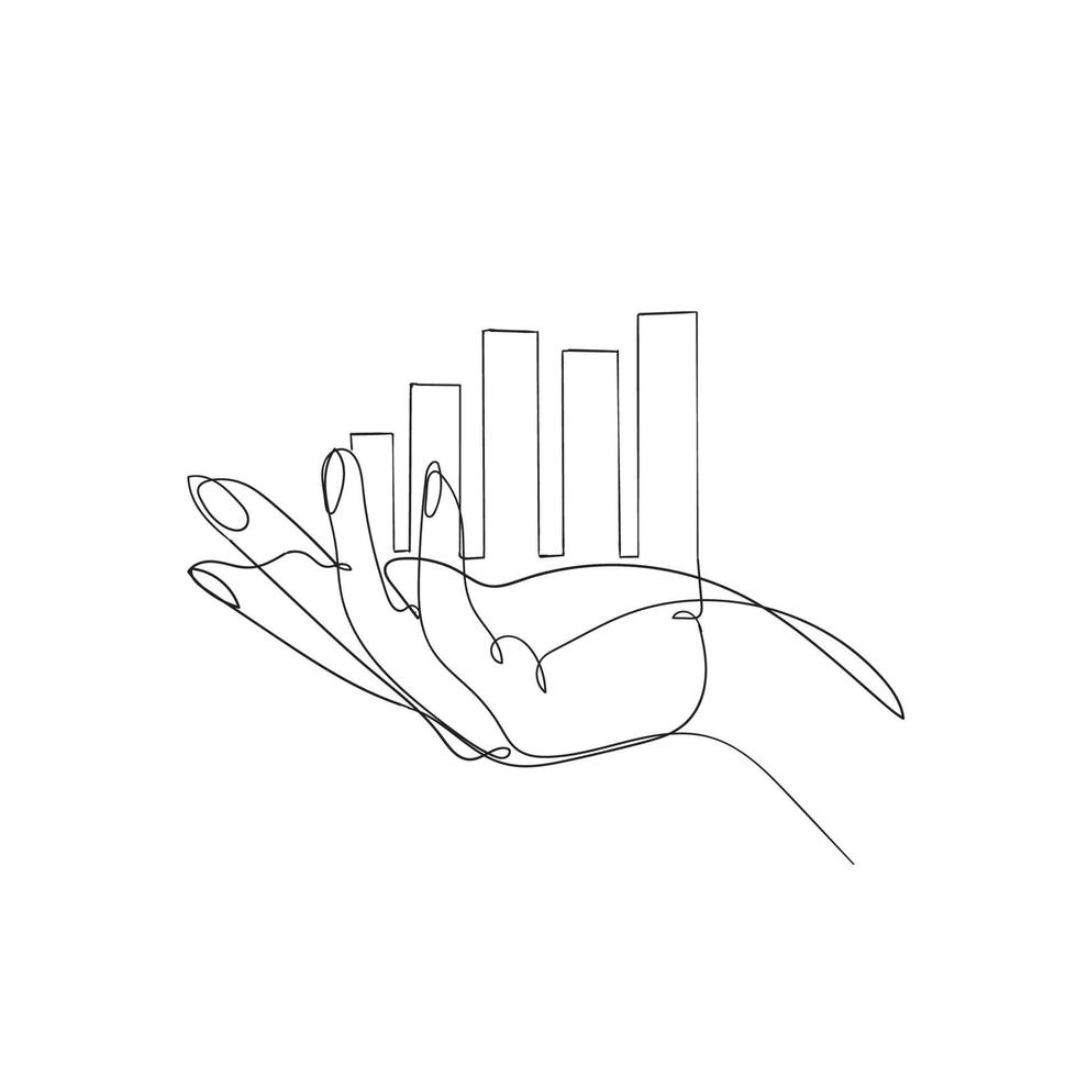 hand drawn doodle graph bar on palm hand illustration in continuous line art style vector