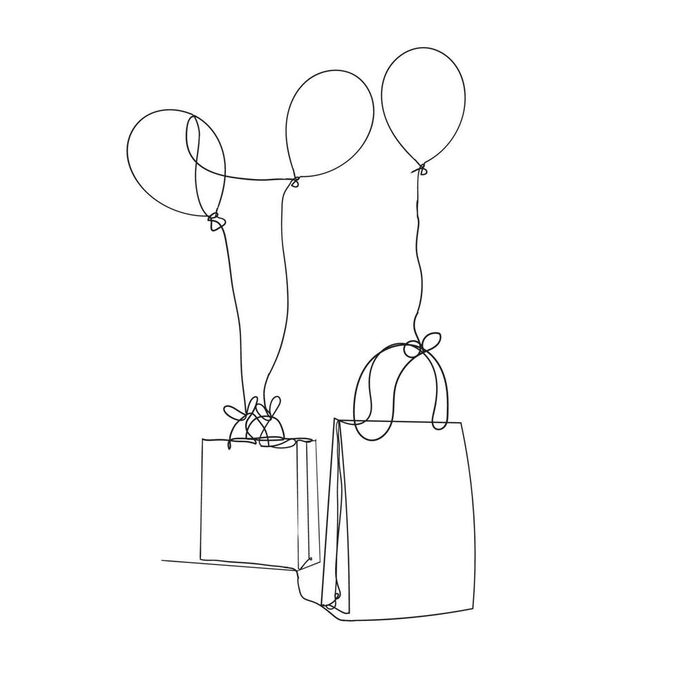 bolsa de compras dibujada a mano y globo de helio en dibujo de línea continua vector