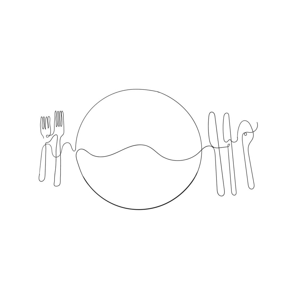 hand drawn doodle fork plate and spoon illustration in continuous line art style vector