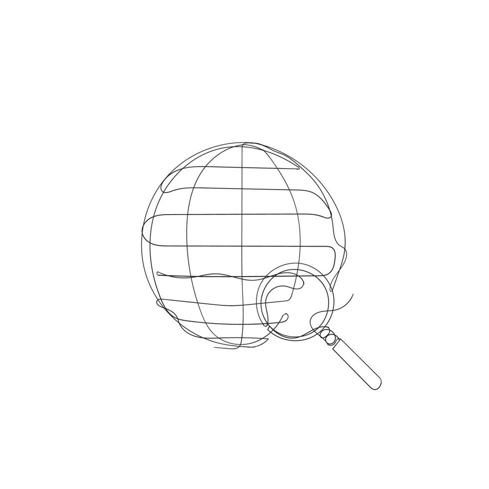 hand drawn continuous line art style globe and magnifying glass illustration icon vector