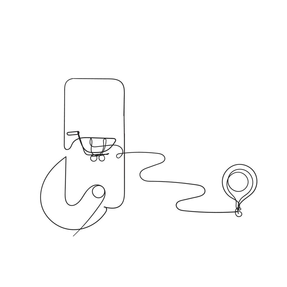 hand drawn doodle mobile gps and shopping cart illustration in continuous line drawing vector