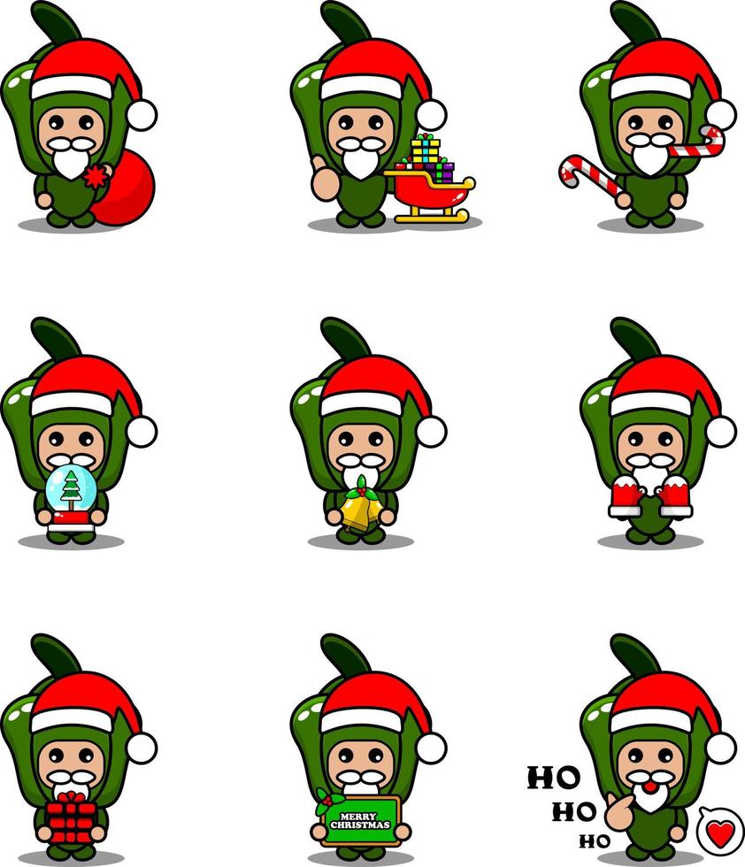 vector personaje de dibujos animados mascota lindo pimiento verde traje vegetal conjunto paquete de navidad