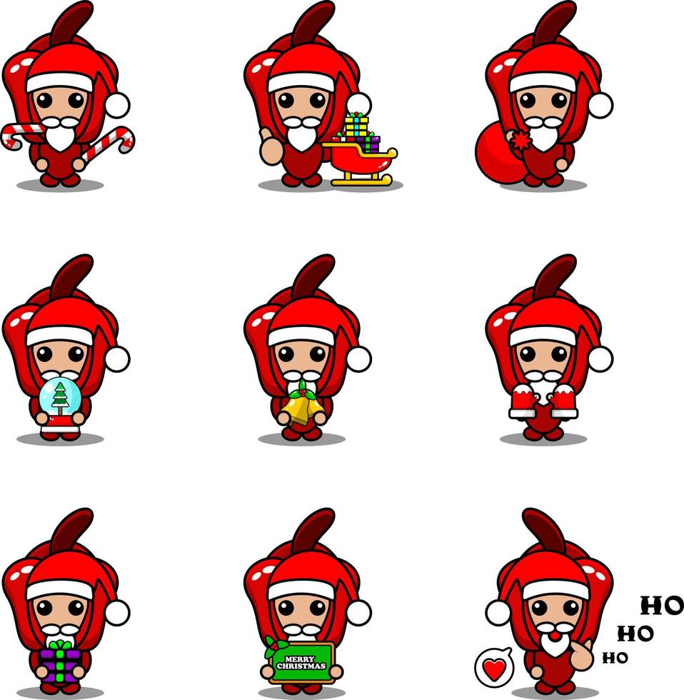 vector personaje de dibujos animados mascota lindo pimiento rojo traje vegetal conjunto paquete de navidad