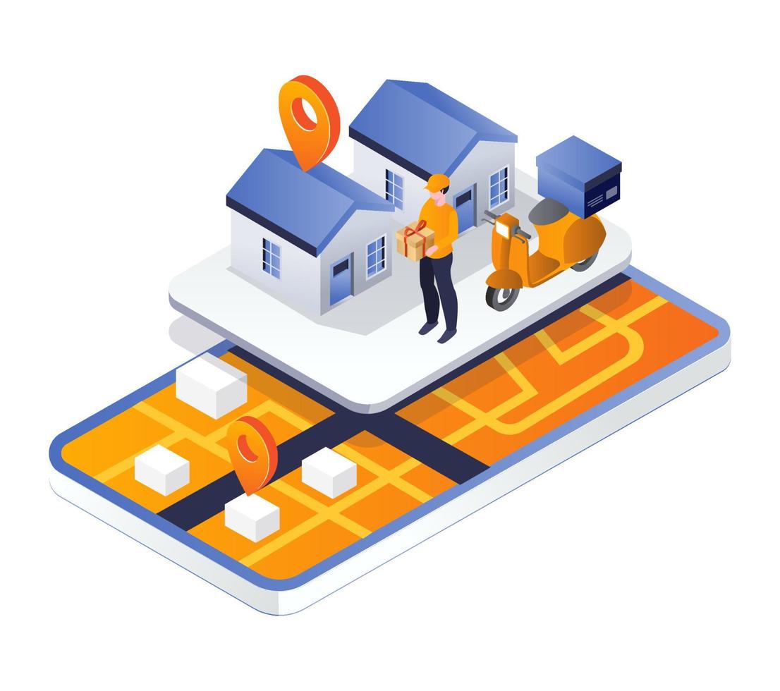 Man finding order delivery location via smartphone gps app vector