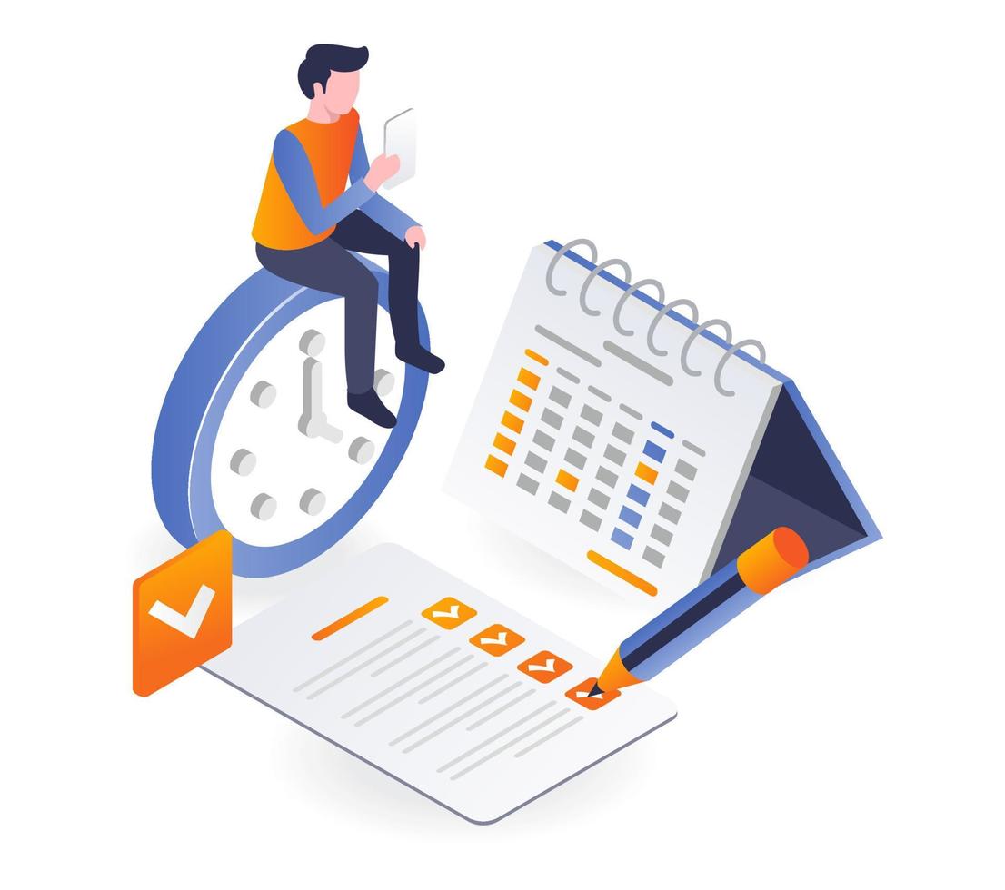 Man sitting on clock with tick mark with pencil vector