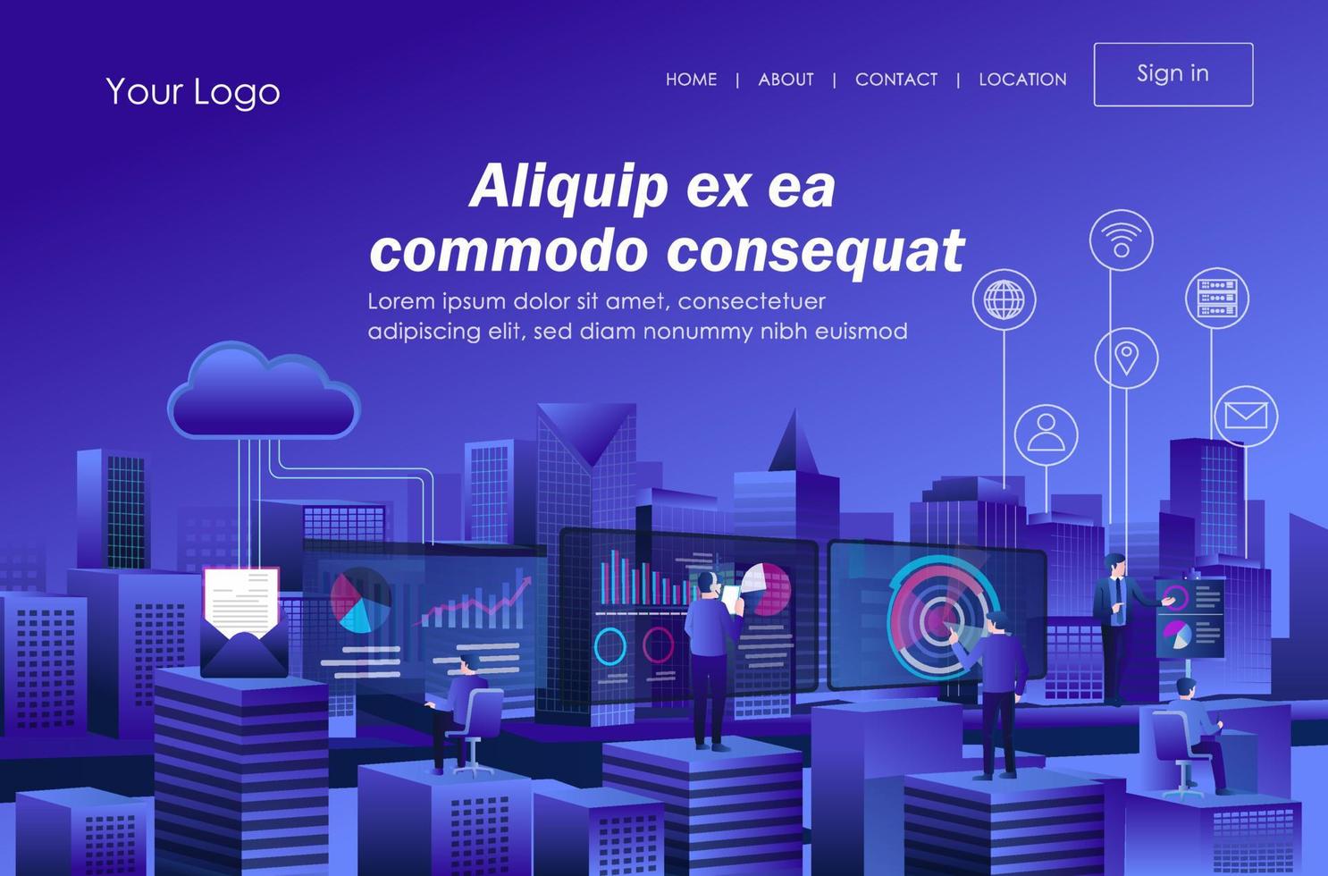 Several work teams are analyzing data from the cloud and digital transformation vector