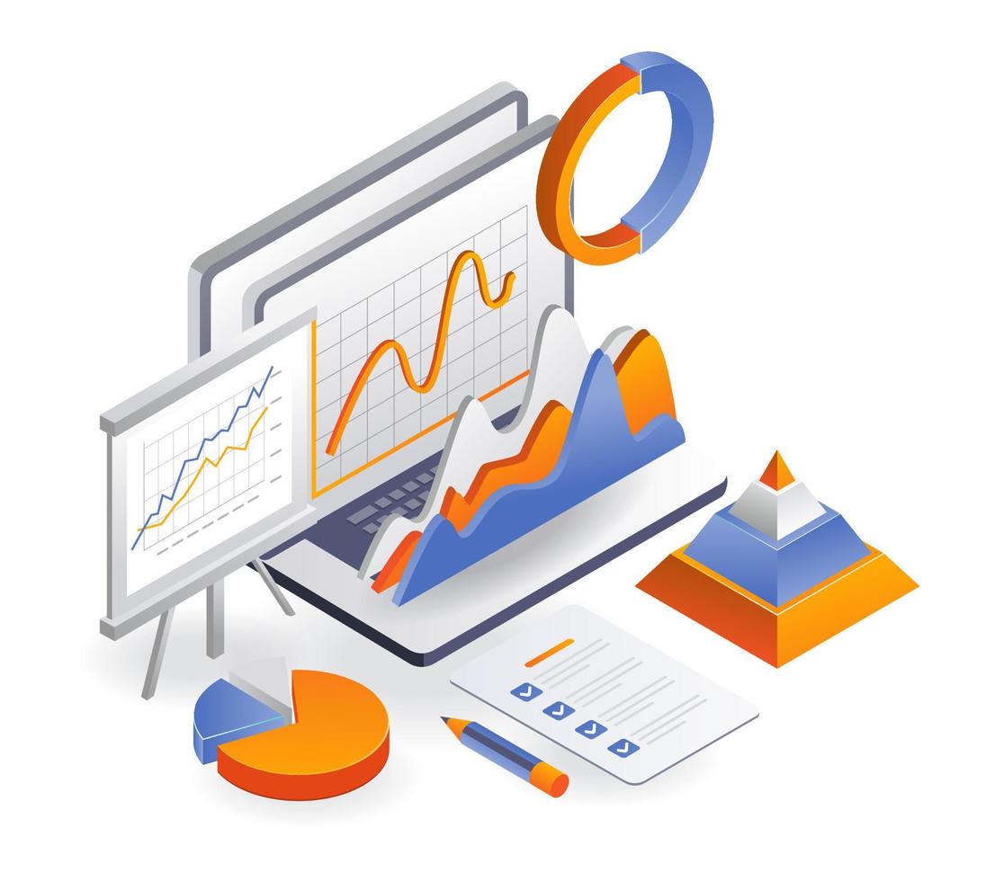 Laptop with data analytics and business plan vector