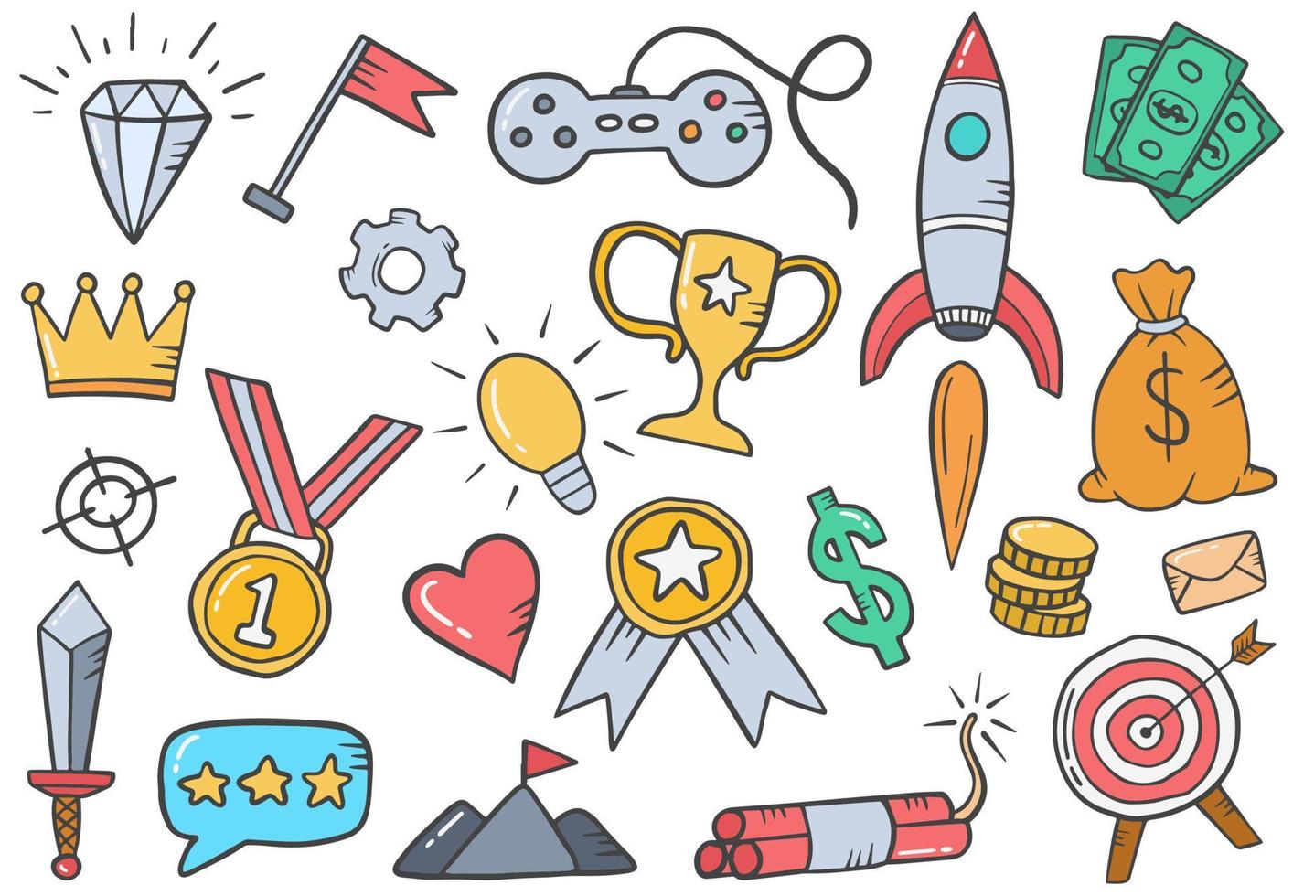 gamification technology concept doodle hand drawn set collections with flat outline style vector