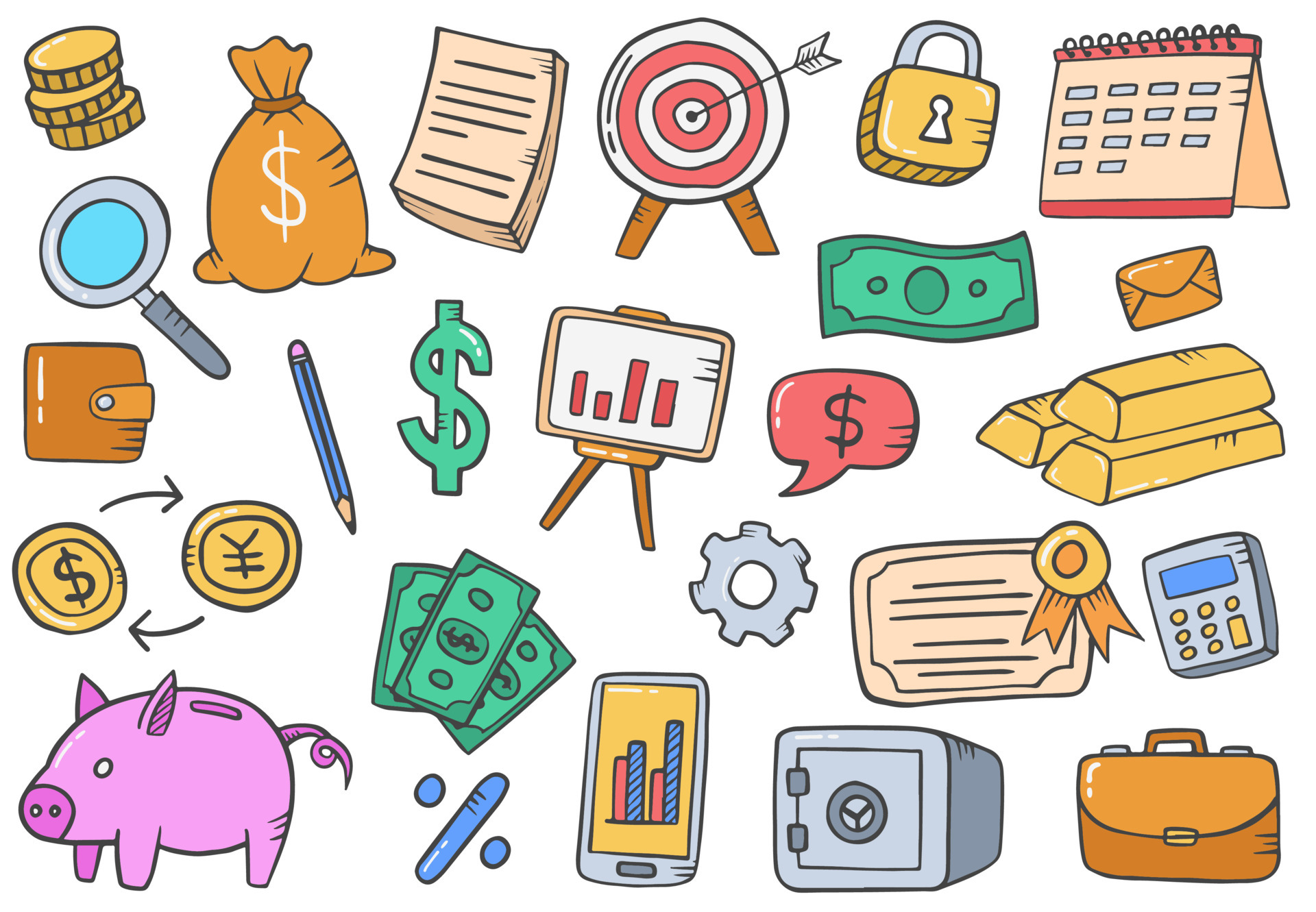 finance or financial doodle hand drawn set collections with flat