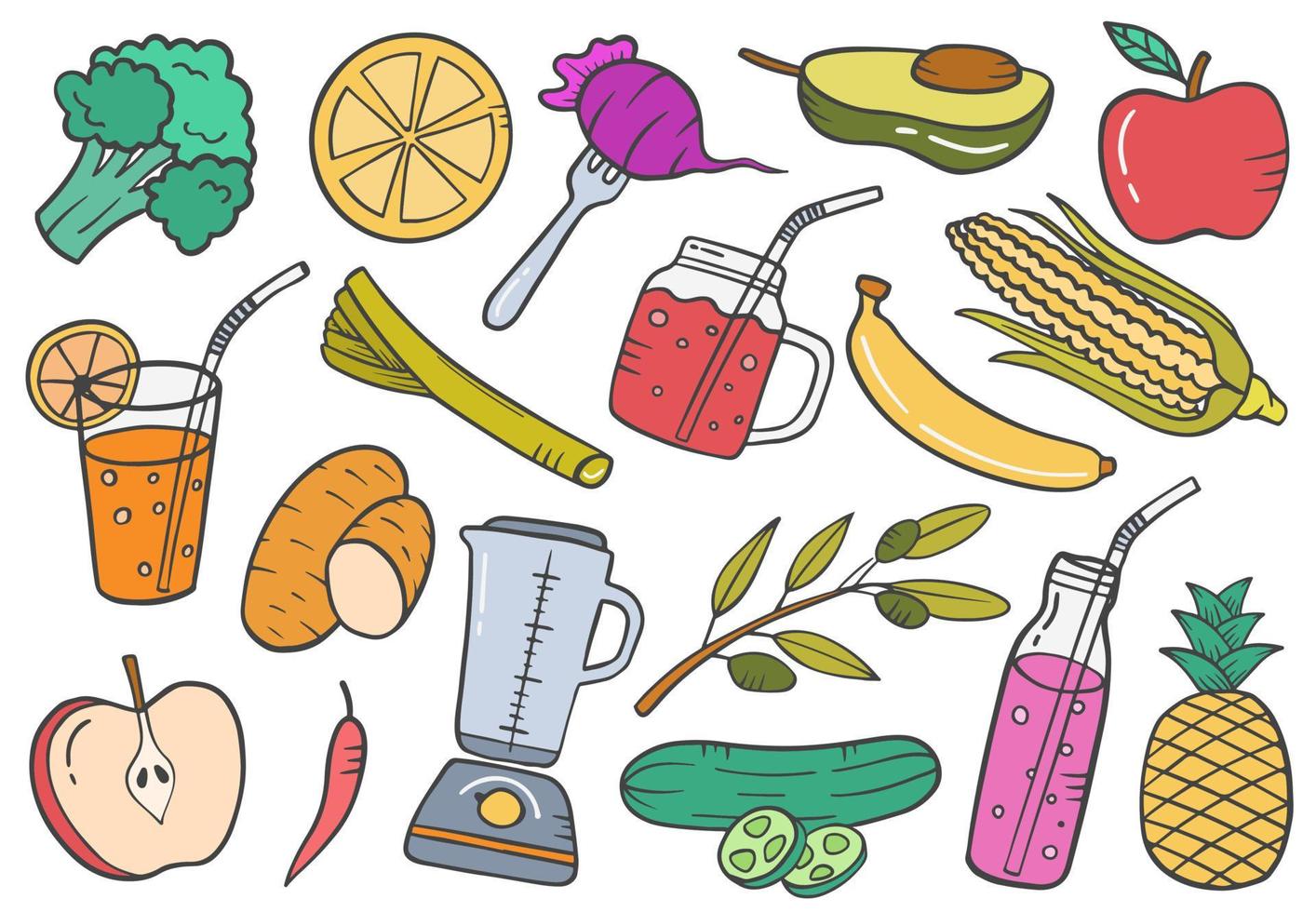 vegetarian veggie concept doodle hand drawn set collections with flat outline style vector
