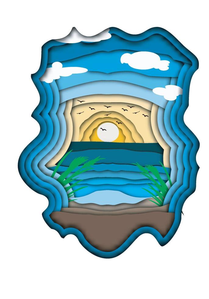 beach scenery at sunset, paper cut art for business card banner design needs and other print media vector
