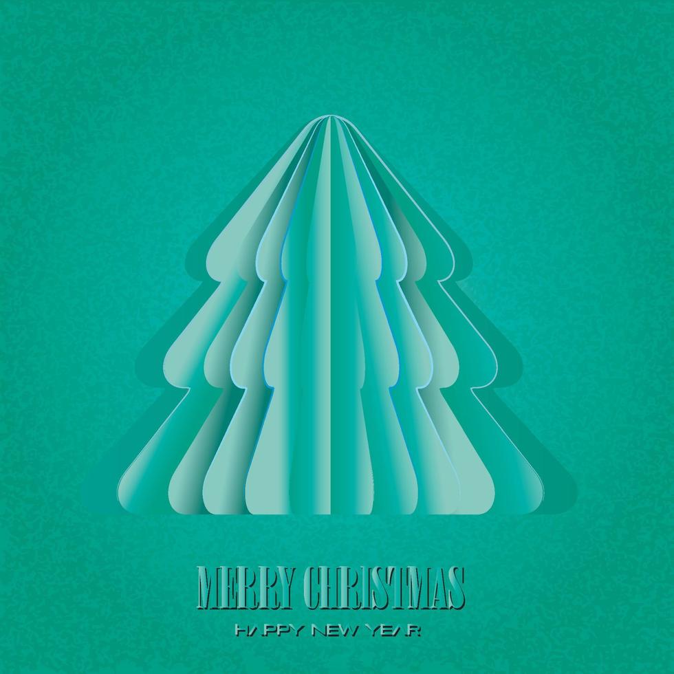 merry christmas greeting card with origami made christmas tree and snow flake. paper art and digital craft style vector