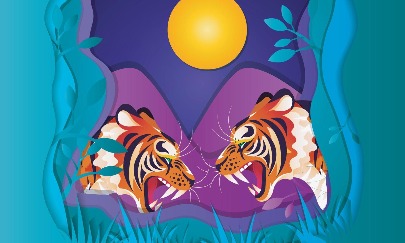 cartoon exotic tiger in trendy craft paper graphic style. Modern design for advertising, branding, greeting cards, covers, posters, banners. Vector illustration