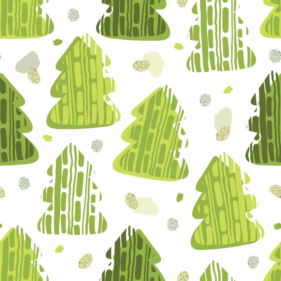 Fondo de patrón de evento navideño sin costuras con mano dibujar pino verde y elementos de brillo vector