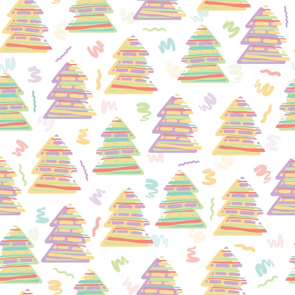 seamless colourful christmas party pattern background with hand draw doodle pine tree vector