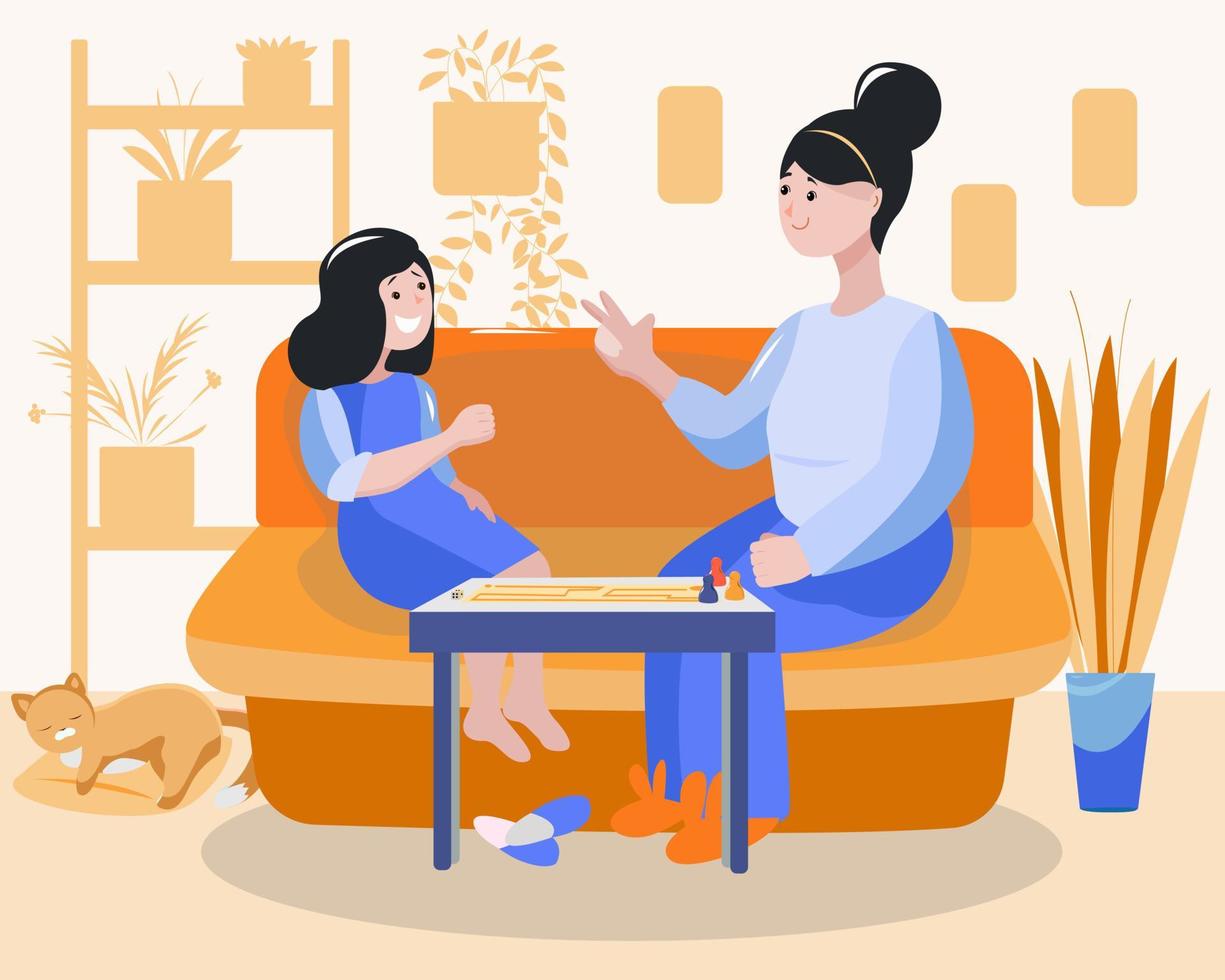 Mom and daughter play board games at home vector