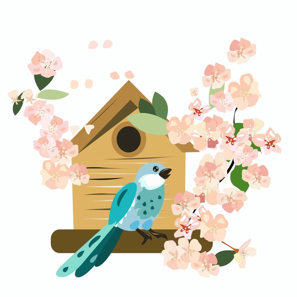 Birdhouse and bird and apple tree flowers in spring vector