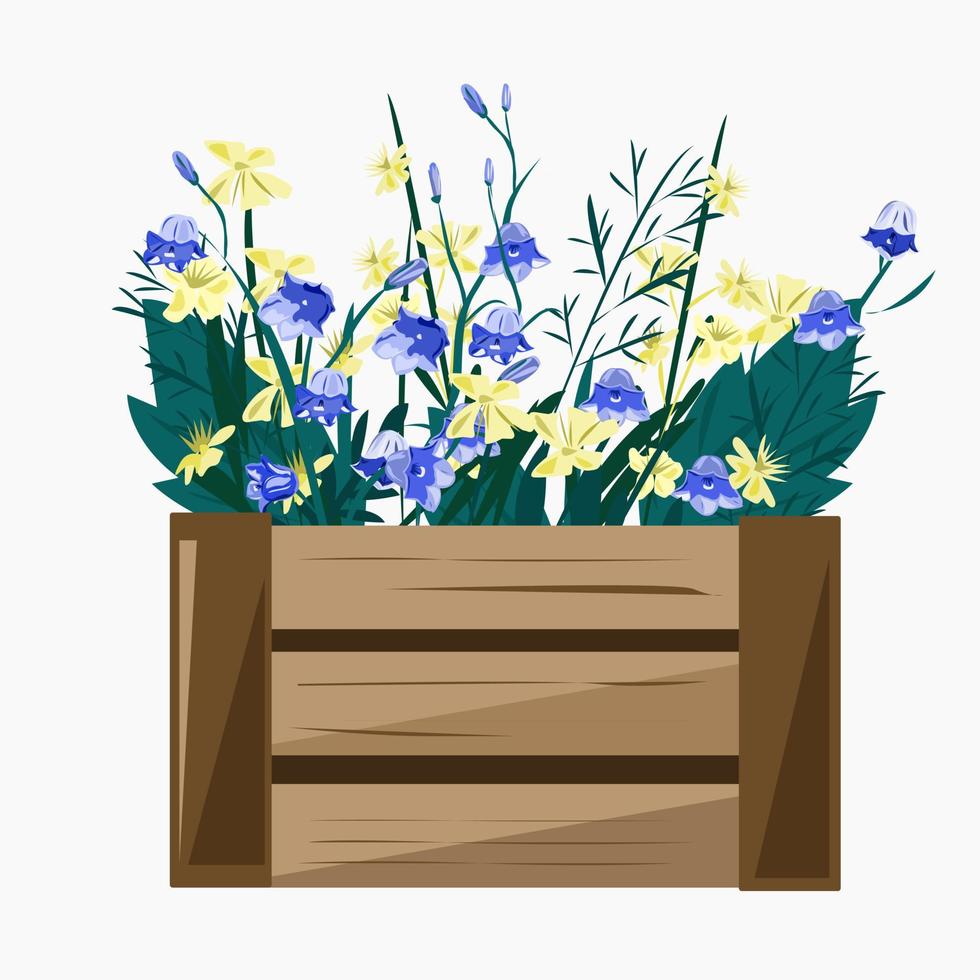 caja de madera con flores amarillas y campanas vector