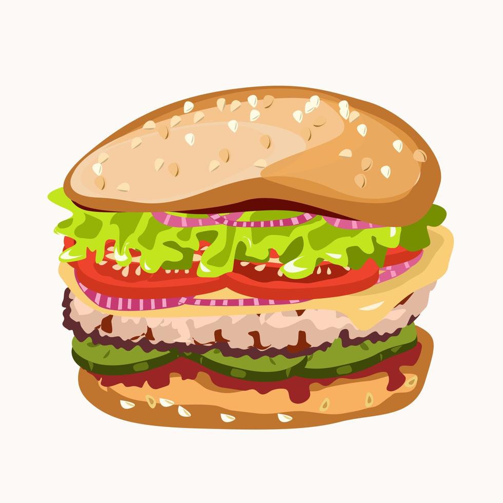 Hamburger with sesame and cheese and tomatoes vector