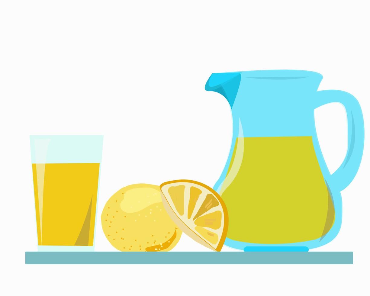 A pitcher of lemonade with a glass and lemons vector