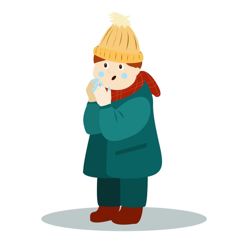 A boy with frostbite on his hands and nose vector