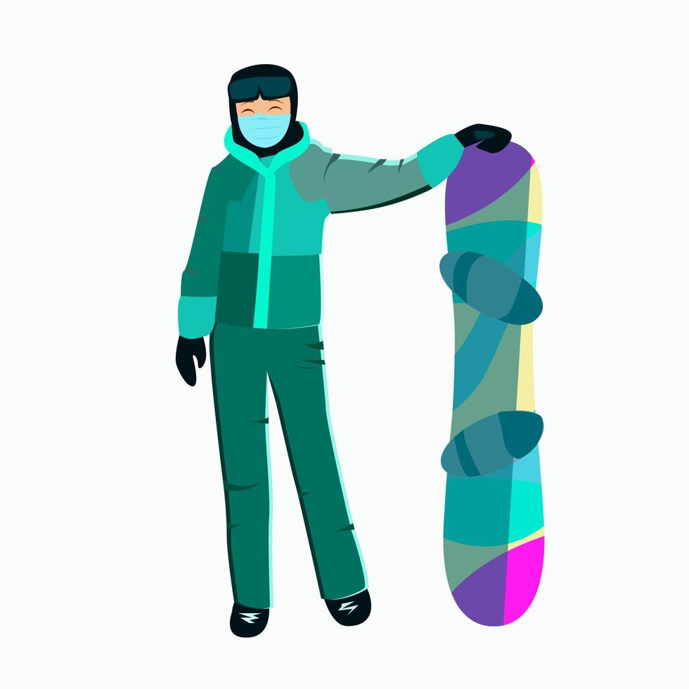 Chica snowboarder con una tabla para esquiar con una máscara vector