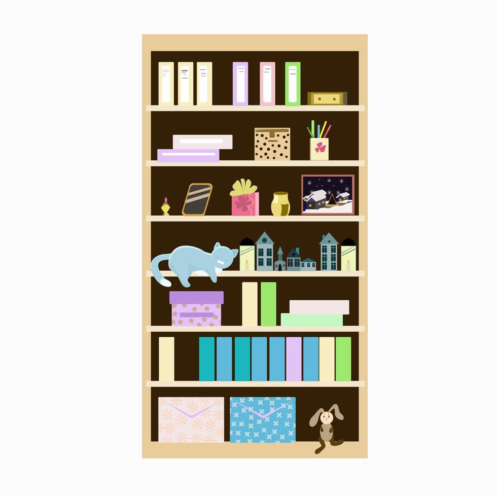 Bookcase with books and other small items and boxes vector