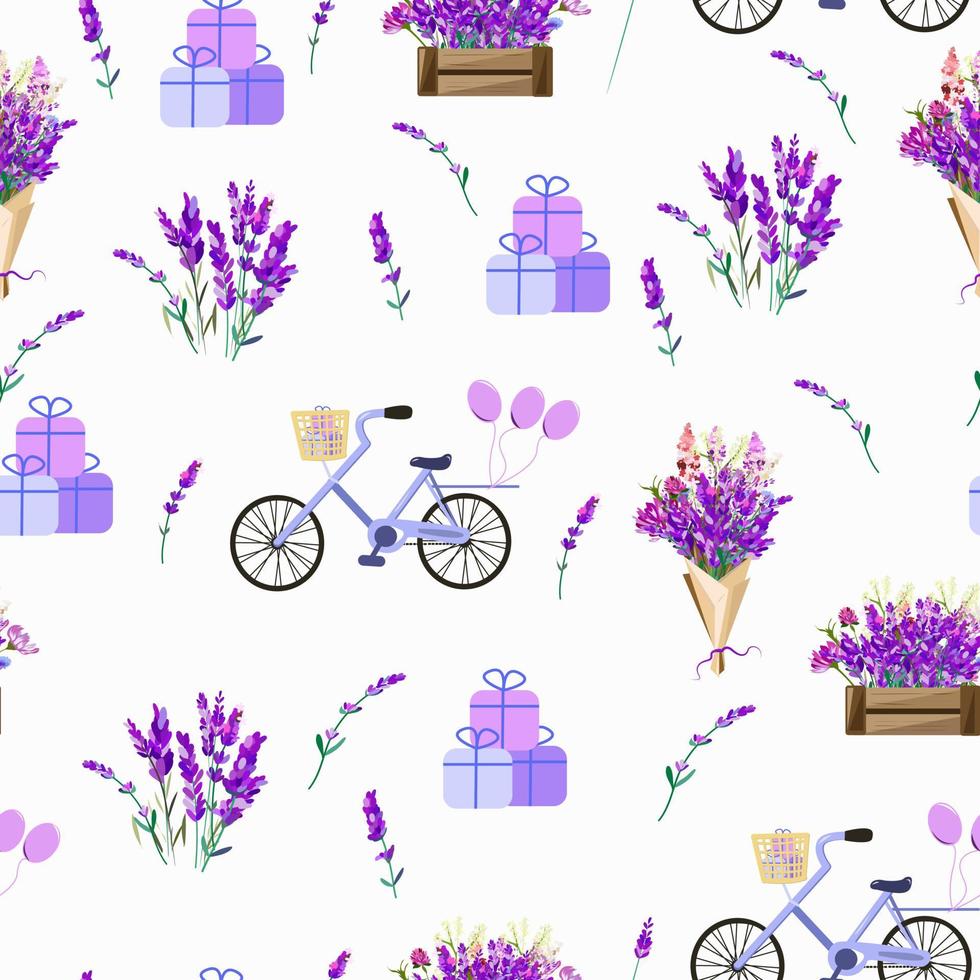 patrones sin fisuras con flores de lavanda y bicicletas vector