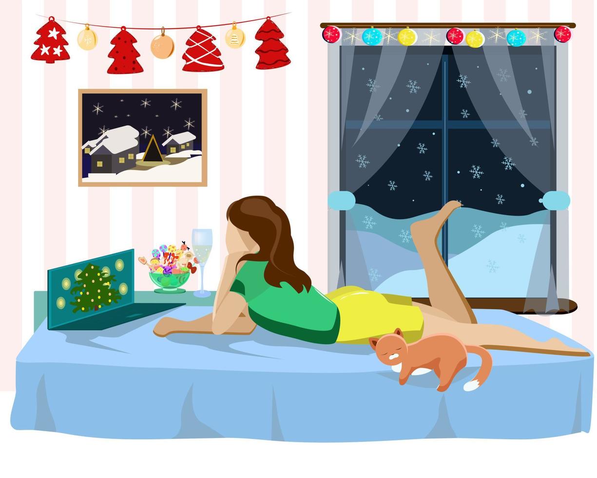 una niña con un gato se acuesta en el sofá y celebra la navidad vector