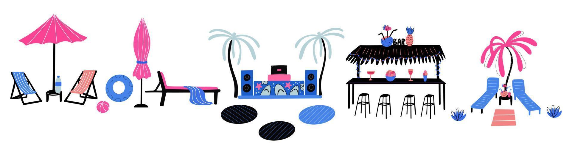 conjunto de elementos de infraestructura de playa. equipo musical dj, bar, lugar para bailar, hamacas y sombrillas, refrescos, anillo de goma, palmera. vector