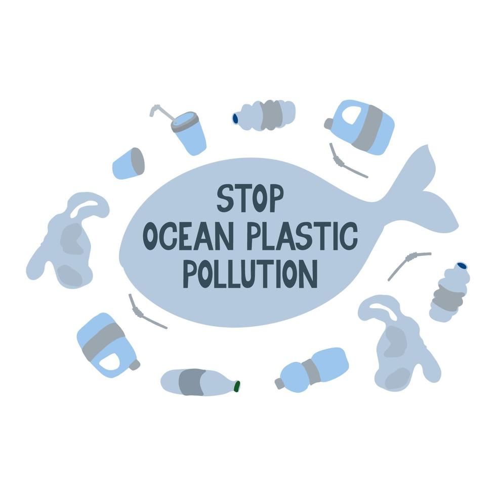 detener la contaminación plástica del océano. letras en la silueta de una ballena. Botellas de basura de plástico, bolsas, vasos, pajitas, redes de pesca, botes. cartel ecológico. vector