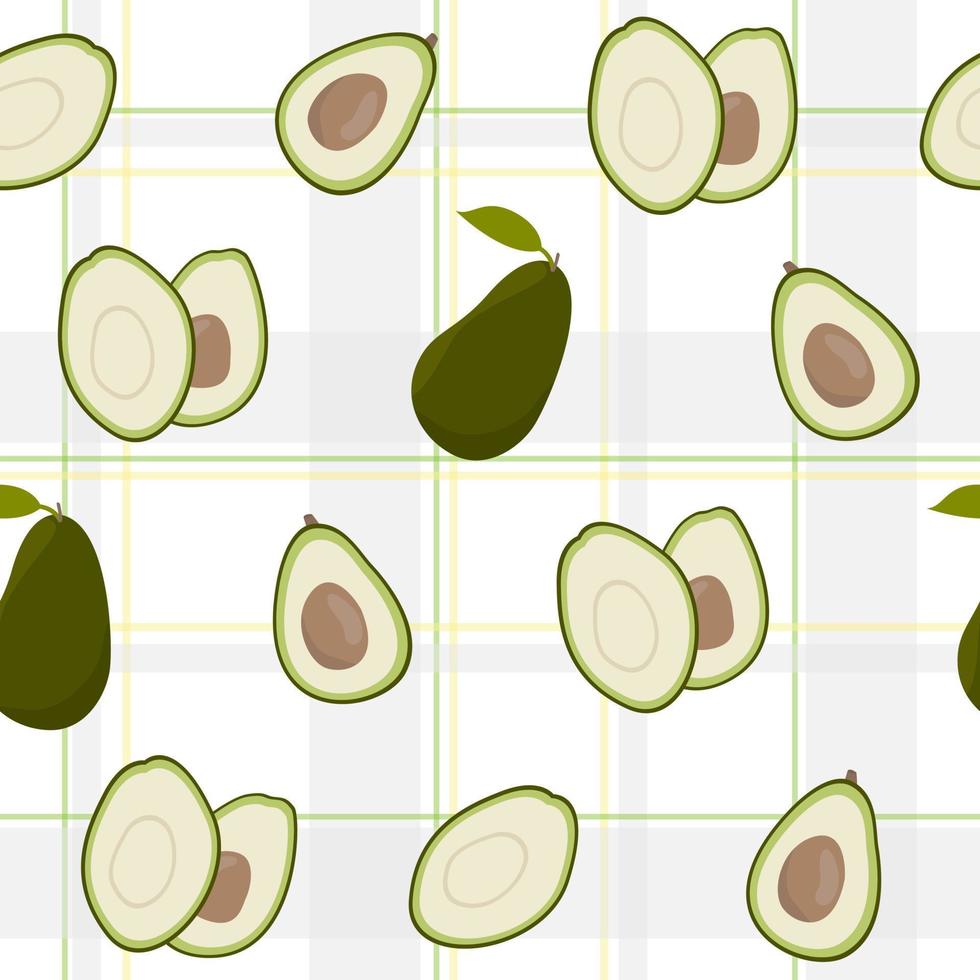 Cute avocado with white pattern grey checkered minimalist. Summer texture, textiles, children wallpaper. vector