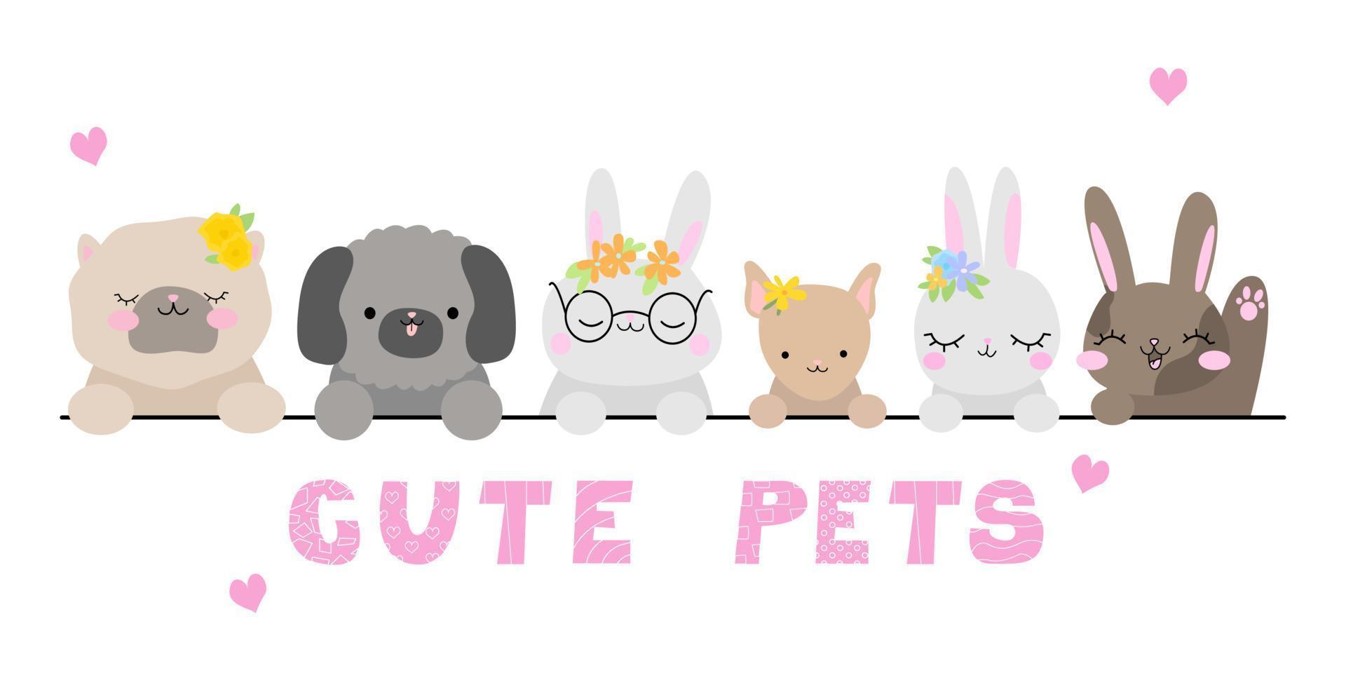 Rabbits dogs say text cute pets. Hares with flowers. Children's illustration. vector