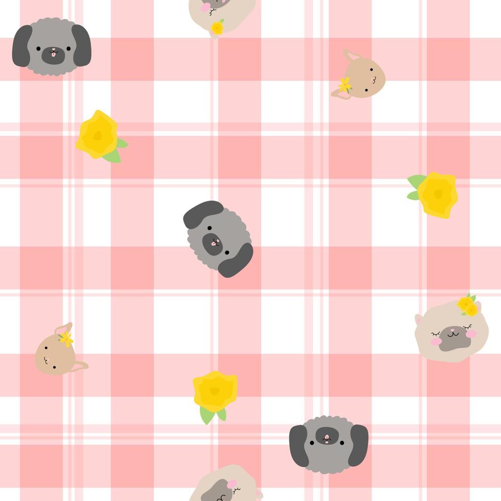 Cute pink pattern in a cage with dogs flowers. Pets seamless background. Textiles for children Digital paper scrapbook. vector