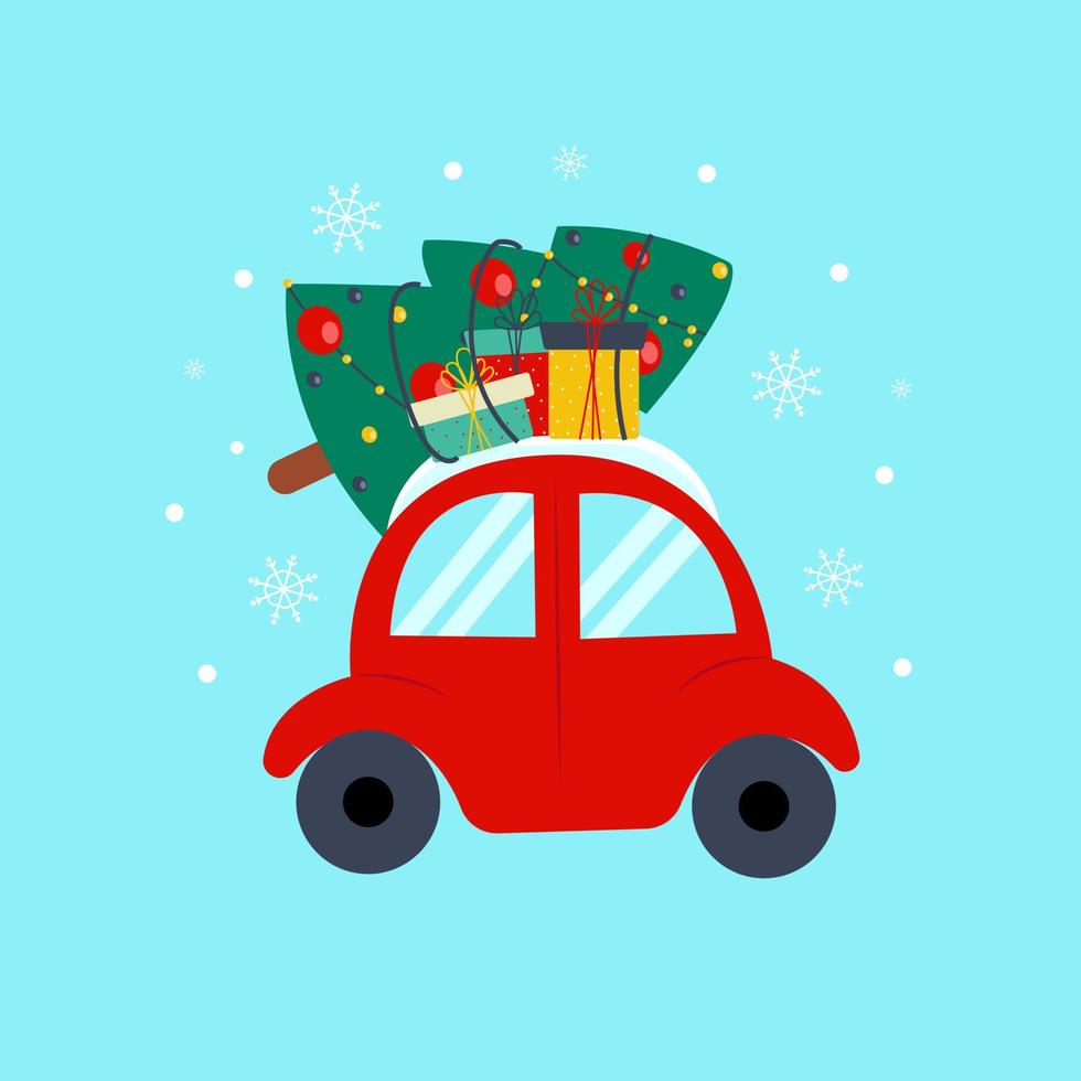 Red car drives a Christmas tree. Vector illustration in flat cartoon style