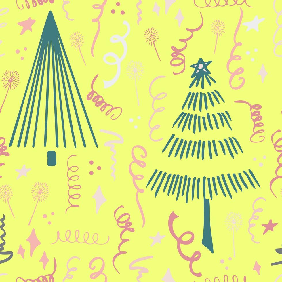 Christmas background party celebration vector seamless pattern stylized Christmas trees with candy gifts and sparklers. Wallpaper for wrapping paper, invitations, paper and cards, website backgrounds.