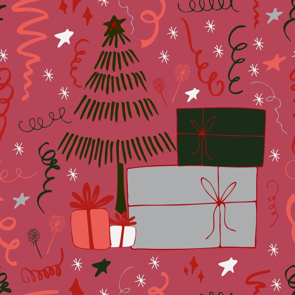 Christmas background party celebration vector seamless pattern stylized Christmas trees with candy gifts and sparklers. Wallpaper for wrapping paper, invitations, paper and cards, website backgrounds.